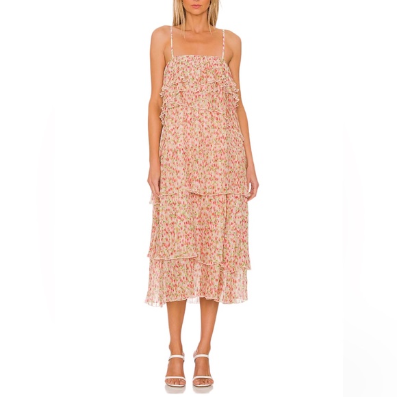 Something Navy Dresses & Skirts - Something Navy Floral Tiered Pleated Spaghetti Strap Midi Dress Cream Pink S NWT
